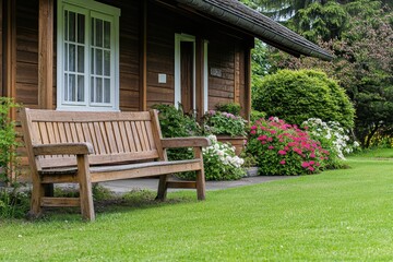 Fototapeta premium Wooden Cabin with Bench and Flowers