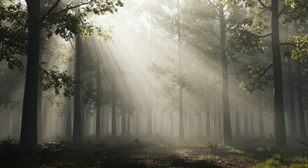 Obraz premium Sunbeams Illuminate Misty Forest Path