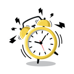 Ringing alarm clock illustration. Clock with loud alarm sound effect. Wake up time.  Shaking alarm clock