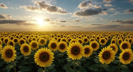 Obraz premium Sunflowers Field at Sunset with Cloudy Sky