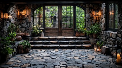 Naklejka premium Rustic Stone Entrance: A Serene Cottage Entryway