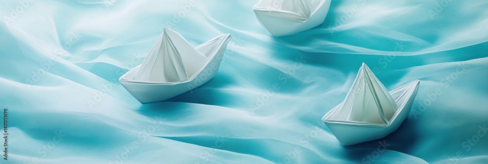 Aufkleber floating paper boats on a serene pale blue fabric sea create a minimalistic and poetic scene evoking