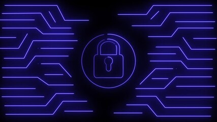 glowing neon Futuristic digital security concept , Neon sign lock technology icon animation. blue color neon Futuristic and black background .