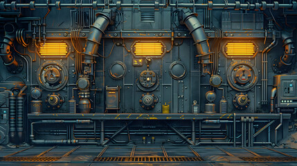 Pixel Art of a Complex Industrial Interior with Metal Panels Gauges and Pipes Detailed Textures and Warm Lighting Creates a Retro Futuristic Vibe