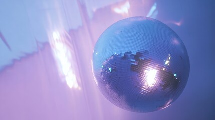 Shimmering disco ball reflecting colorful lights against a soft, pastel backdrop