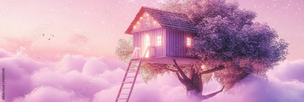 Aufkleber pastel treehouse high in fluffy clouds with ladder and twinkling lights during a tranquil twilight