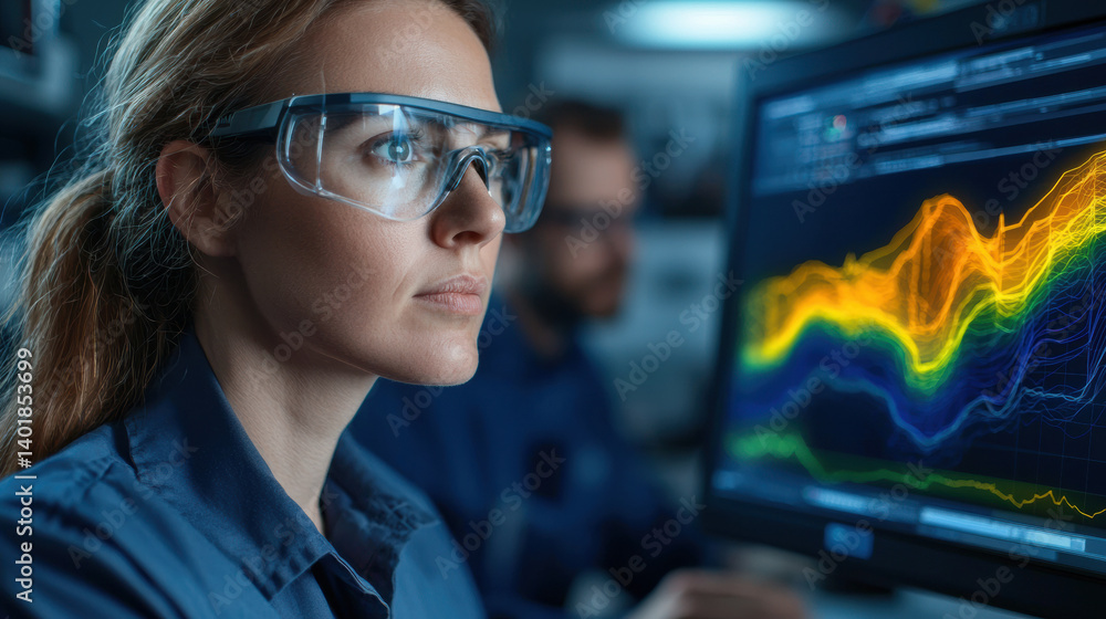 Poster a focused woman in safety glasses analyzes data on a computer screen, showcasing vibrant graphs and 