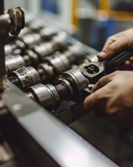 Naklejka premium Industrial mechanic tightening bolts on a factory assembly line. Featuring machinery maintenance and precision