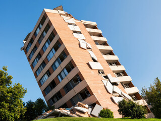 A leaning building shows structural damage, highlighting the impact of seismic activity on urban architecture.