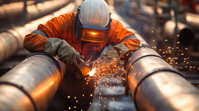 Industrial plumber welding metal pipes in a commercial site. Featuring precision and expertise