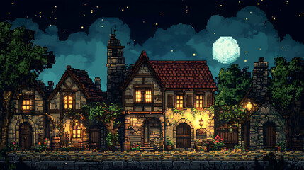 Pixel Art of a Quaint Village at Night under Moonlight Featuring Stone Houses and Trees in Night Sky