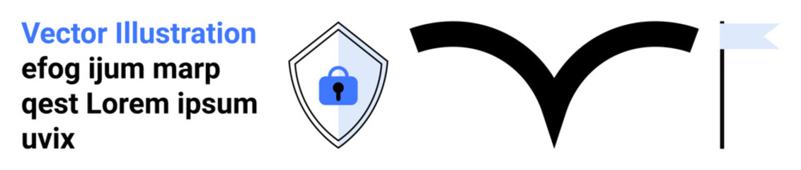 Shield with lock symbolizing security, abstract arrow representing movement, and flag denoting achievement. Ideal for cybersecurity, navigation, goal setting, progress tracking, leadership, strategic