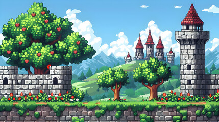 Pixel Art of a Rural Stone Castle with Red Roofed Towers Amidst a Green Landscape Under a Clear Blue Sky