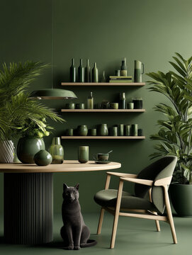 Modern Green Living Room with Cat