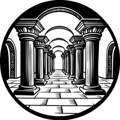 Corridor With Columns Leading Into The Distance In Black And White