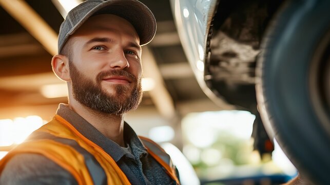 Mechanic smiling while working on a vehicle in an automotive shop during the golden hour of sunset