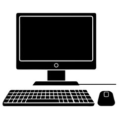 Silhouette Illustration Of A Desktop Computer With Keyboard And Mouse On White Background