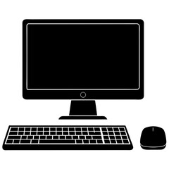 Black And White Vector Illustration Of Computer Setup With Monitor Keyboard And Mouse