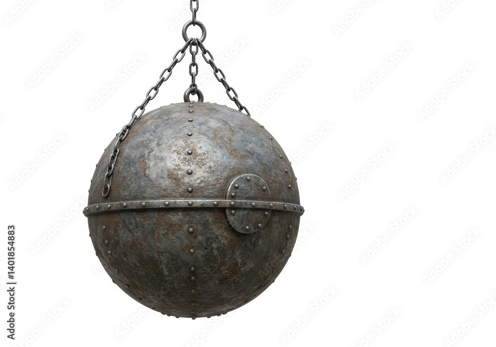 Poster a metal sphere hanging from a chain against a white background in a studio setting view