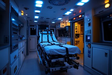 Fototapeta premium Inside an Ambulance Vehicle Interior with a Stretcher Bed