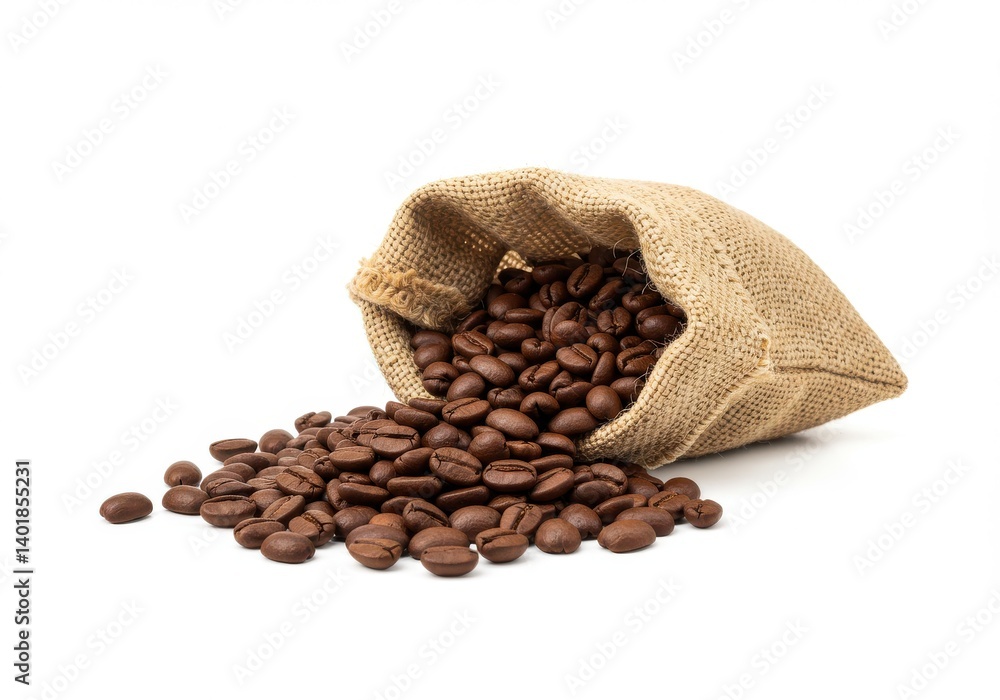Poster coffee beans spilling from a burlap sack on a white background in a studio shot image style