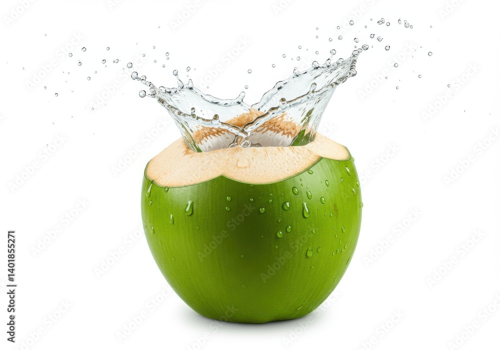 Poster a green coconut with water splashing out of it on a white background in studio shot image style