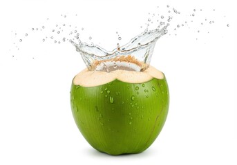A fresh green coconut with water splashing out of it on a white isolated studio background view