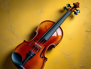 Fototapeta premium Elegant close-up of a beautiful violin with warm wood grain, set against a vibrant yellow wall, symbolizing classical music, artistry, and timeless instrumental beauty