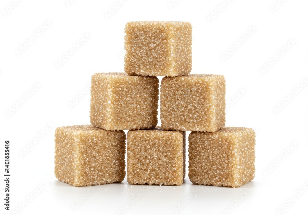 Poster a pyramid stack of six brown sugar cubes on a white background with soft shadow underneath them