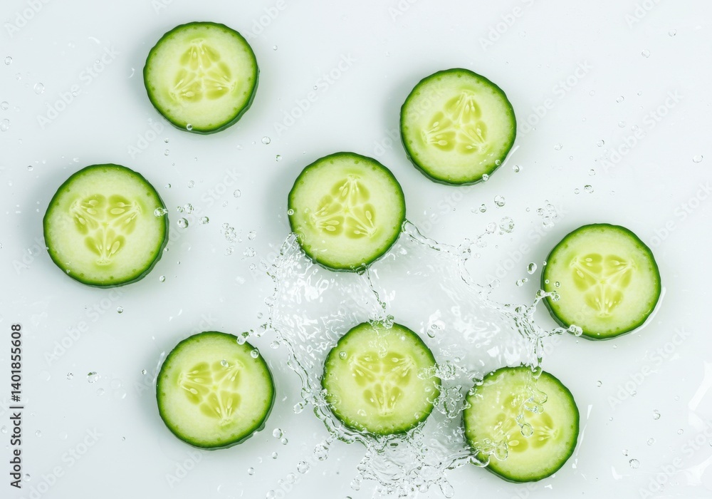 Poster sliced cucumbers with water droplets scattered on a white surface in a studio setting view from abov