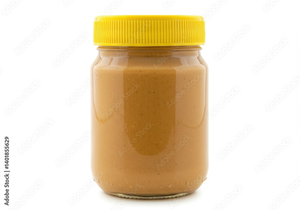 Poster a jar of peanut butter with a yellow lid sitting on a white surface in a studio setting view from fr