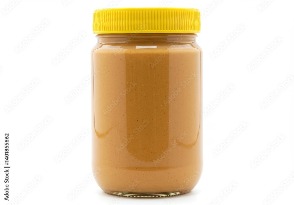 Poster a jar of peanut butter with a yellow lid on a white background in a studio setting close up view