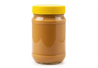 A jar of peanut butter with a yellow lid sitting on a white background in a studio shot view