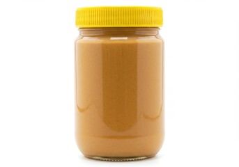 A jar of peanut butter with a yellow lid on a white background in a studio setting close up view