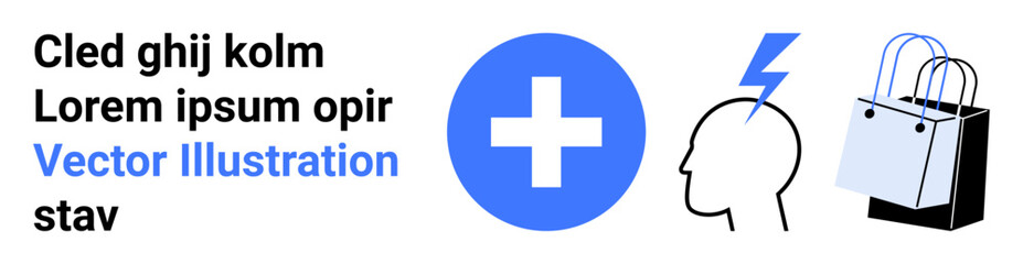 Blue cross, head profile, lightning bolt, and shopping bags symbolizing healthcare, ideas, urgency, wellness, and commerce. Ideal for medical innovation retail emergency aid wellness service