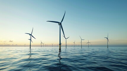 Massive offshore wind farm generating clean energy in the middle of a calm ocean