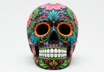 A decorative sugar skull with floral designs and vibrant colors on a white background in a studio shot