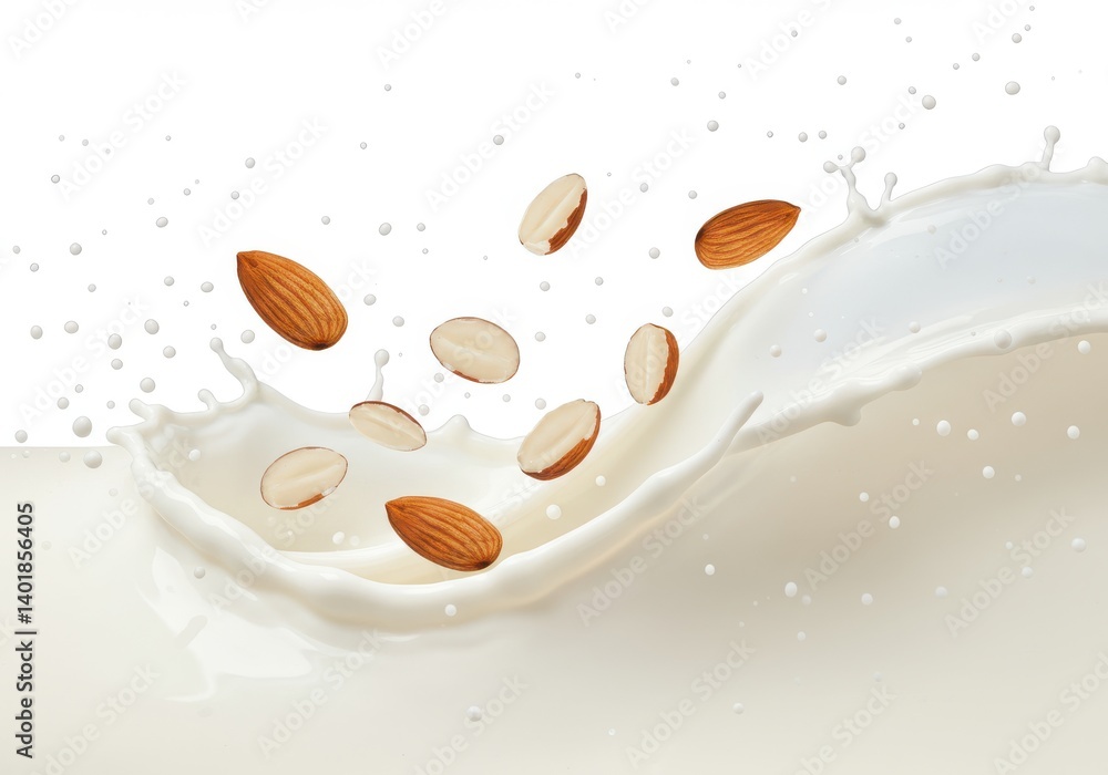 Poster almonds falling into milk creating a splash on a white background in a studio shot image