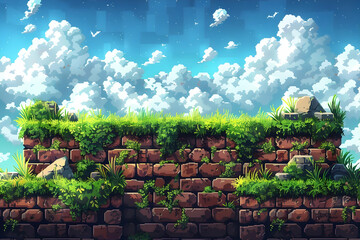 Pixel Art of Ancient Stone Wall Overgrown with Greenery Under a Bright Cloudy Sky Rural Scene