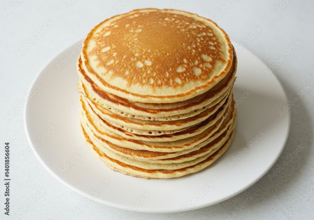 Poster a stack of pancakes on a white plate against a plain background in a well lit environment view from 