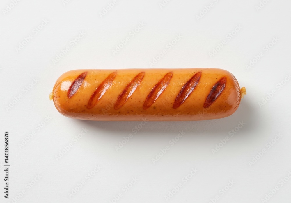 Poster grilled sausage on a white background with grill marks visible and a smooth shiny texture on the cas