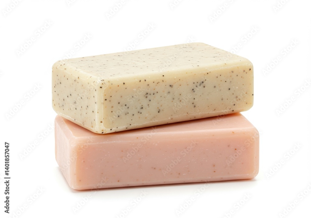 Poster two bars of soap stacked on top of each other on a white background in a studio setting close up sho