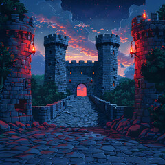 Pixel Art of Medieval Stone Castle with Towers under Twilight Sky and Red Lanterns in Forest Landscape