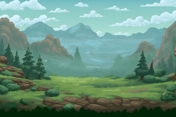 Pixel Art of Mountainous Landscape with Green Forest and Cloudy Sky in Daytime