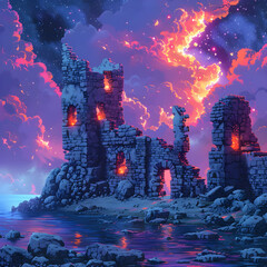 Pixel Art of Old Castle Ruins on Rocky Coastline with Dramatic Evening Sky and Reflections on Water