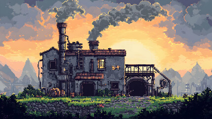 Pixel Art of Old Factory Building at Sunset with Smoke Rising against an orange sky