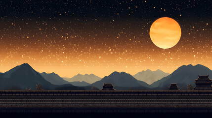 Pixel Art of Mountain Landscape with Orange Moon and Starry Sky at Night with Buildings Silhouette in a Serene and Tranquil Atmosphere