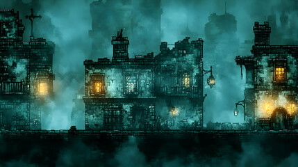 Pixel Art Of Old Dark Cityscape With Fog and Architectural Buildings With Yellow Light Lanterns