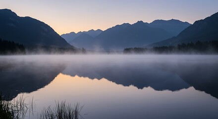 Fototapeta premium Misty Lake Reflecting Mountains at Dusk Creates a Serene Nature Scene