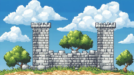 Pixel Art of Old Stone Castle Ruins with Lush Green Trees and Puffy White Clouds Against a Bright Blue Sky Serene Outdoor Landscape